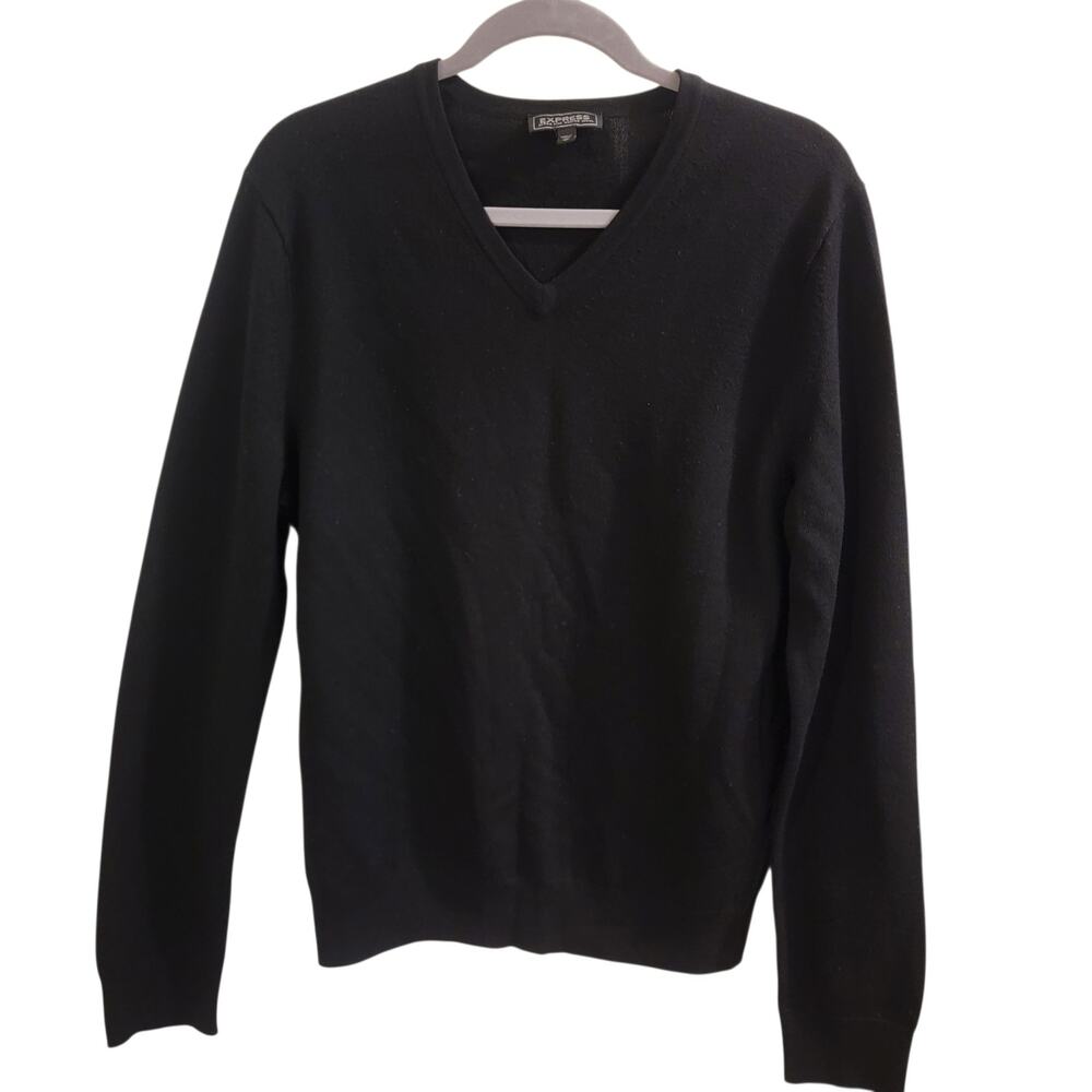 Express Black 100% Merino Wool V-Neck Sweater Women’s M Classic Pullover